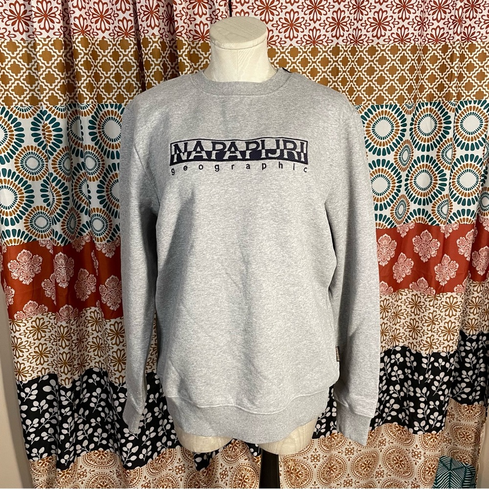 Napapijri Light Gray Crewneck Sweatshirt with Navy Logo